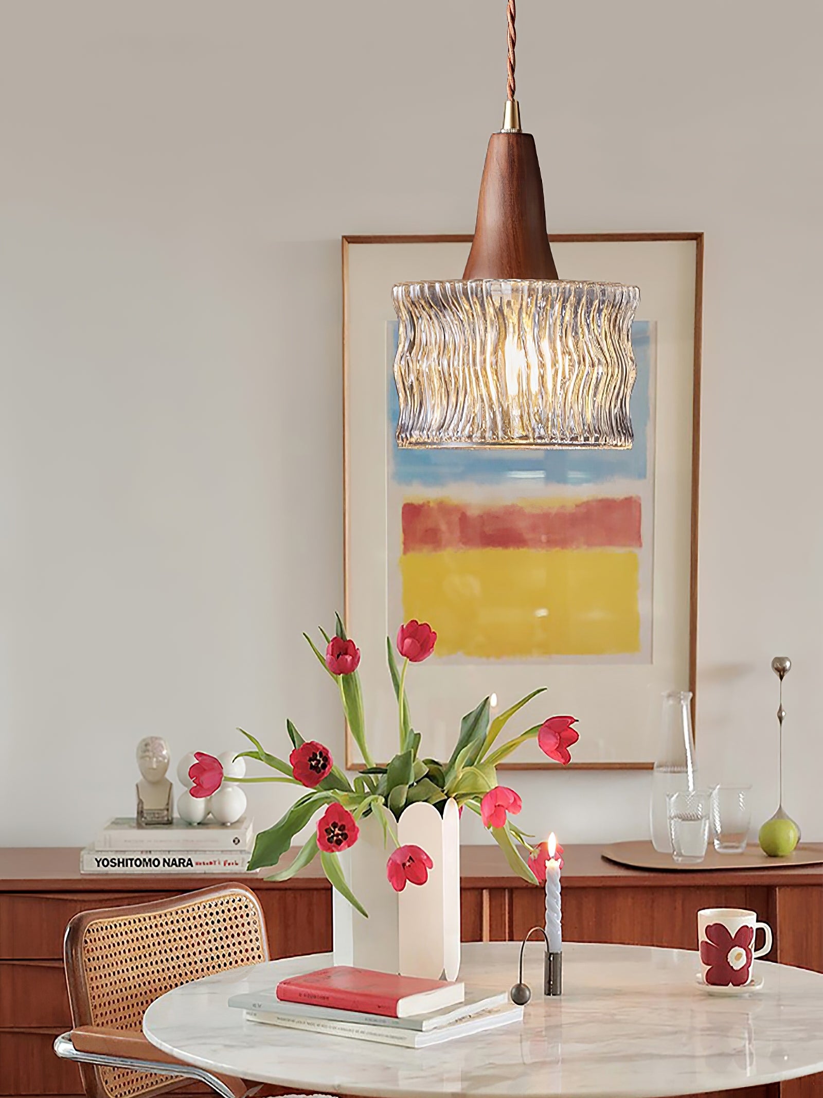 Walnut Glass Carved Pendant Light
