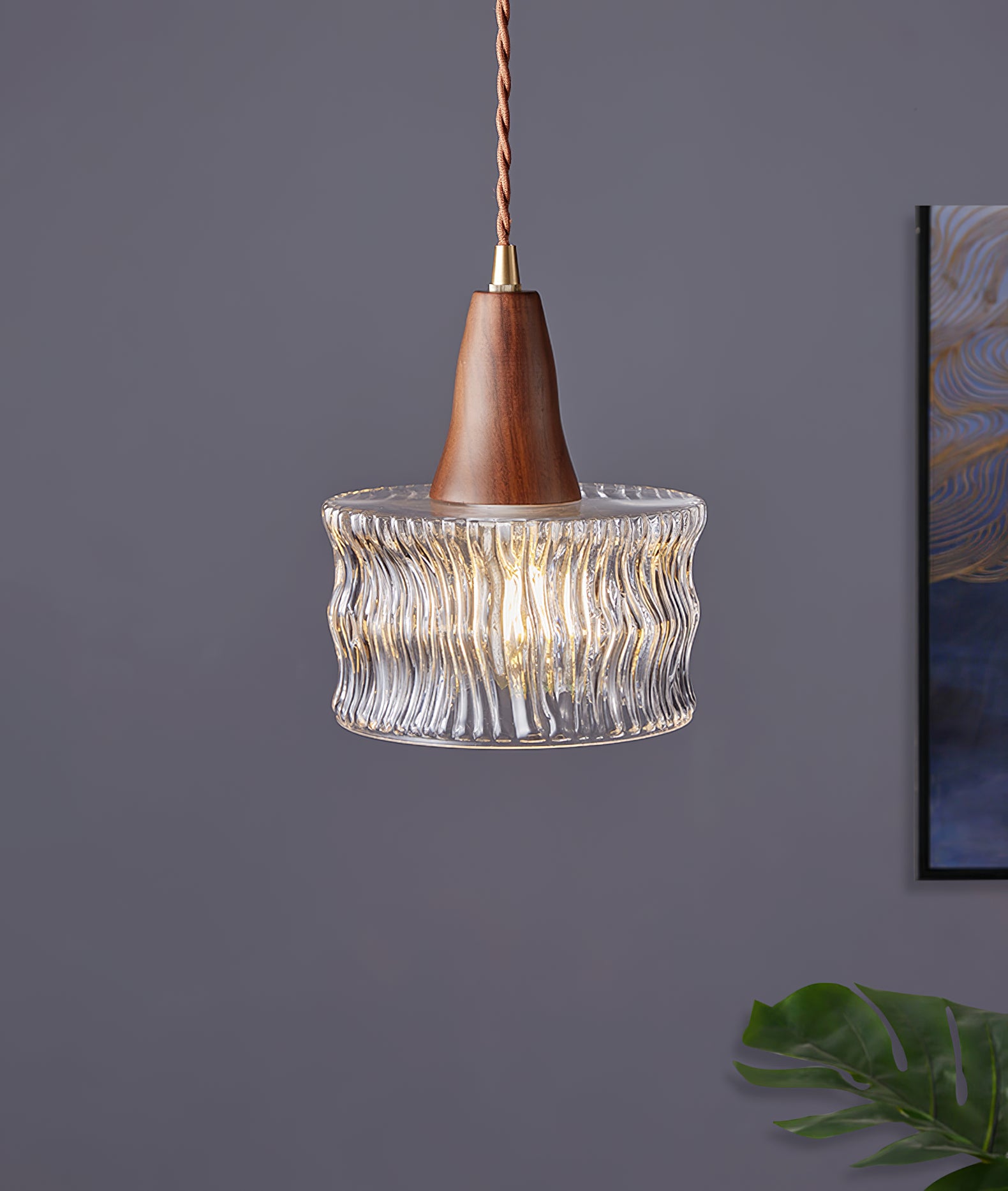 Walnut Glass Carved Pendant Light