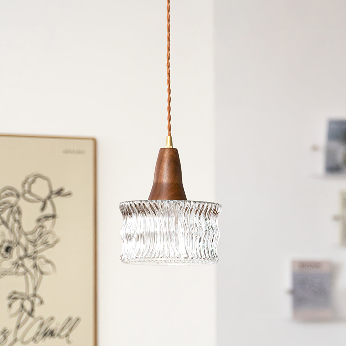 Walnut Glass Carved Pendant Light