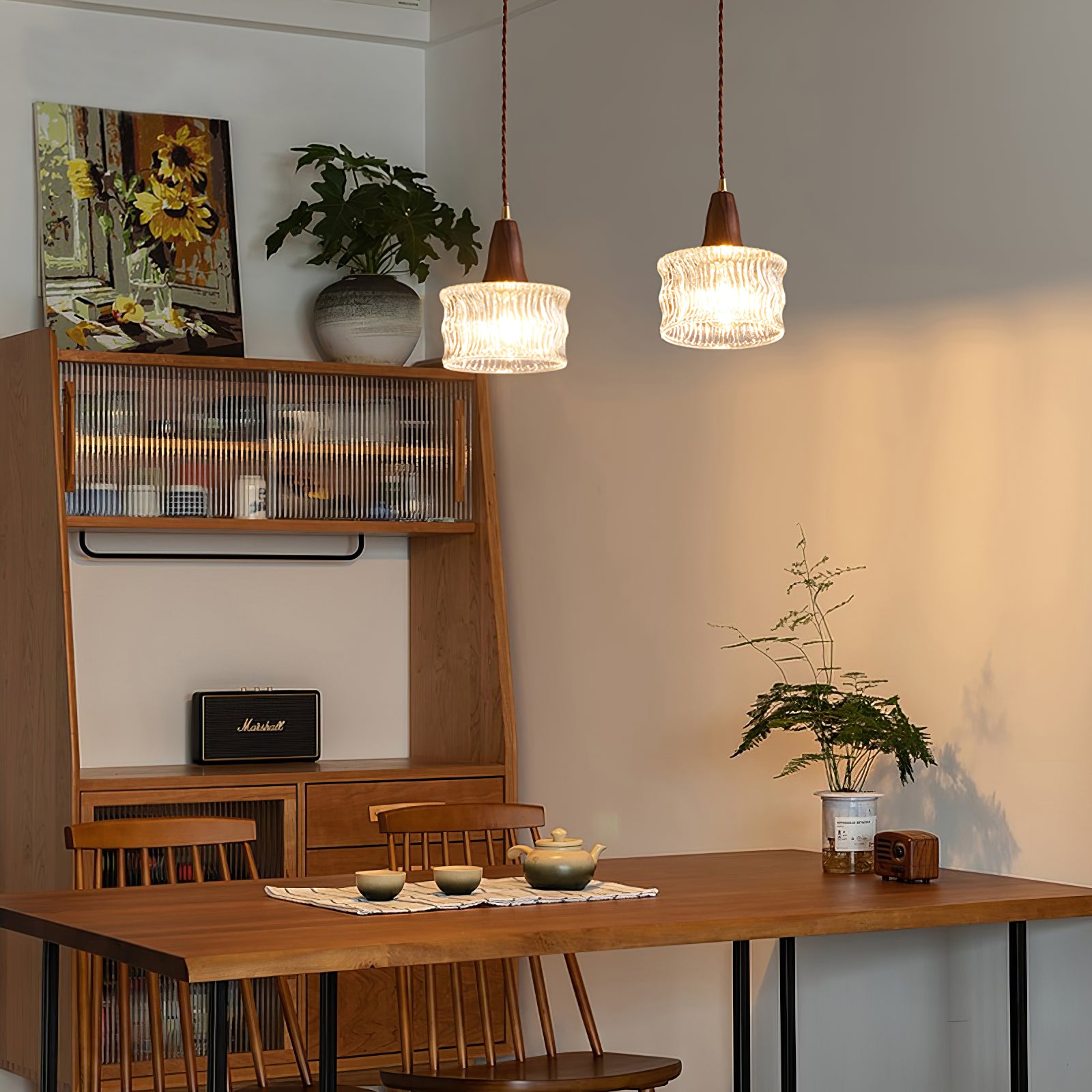 Walnut Glass Carved Pendant Light