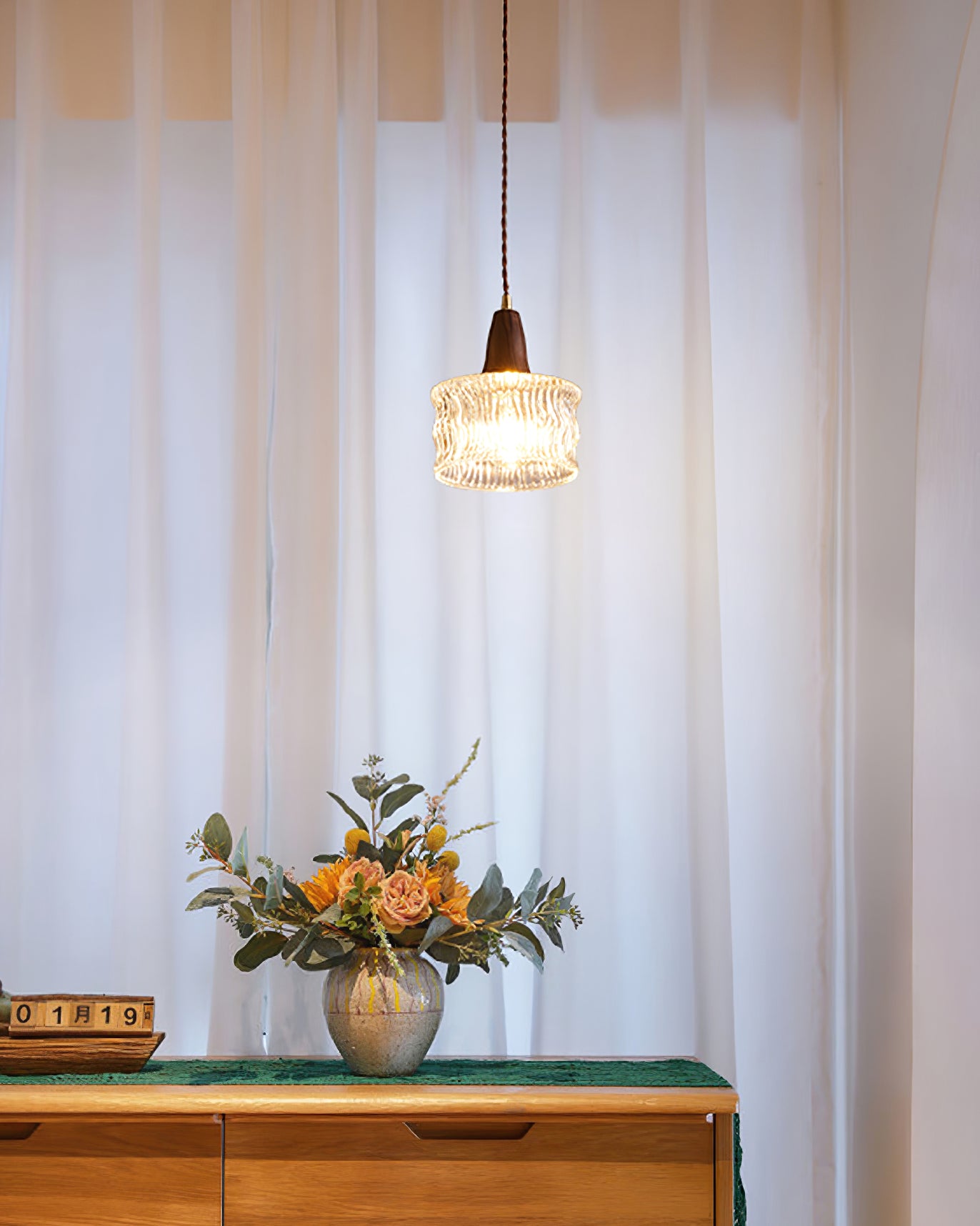 Walnut Glass Carved Pendant Light